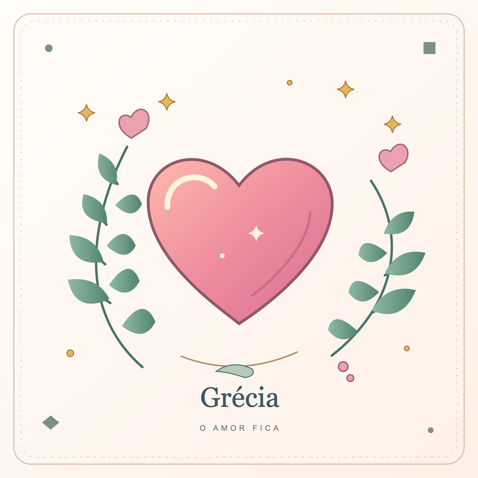 Coração rosa entre ramos, pequenas estrelas e o nome Grécia. Arte de referência para abrir o mundo em AR.